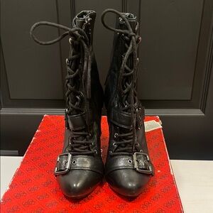 Guess Black Leather Lace-Up Buckle Heeled Boots – Edgy Gothic Style